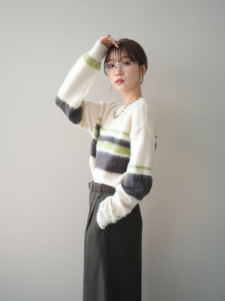 [SET]ソフトタッチボーダークロップドニットプルオーバー+選べるアクセセット(2set)