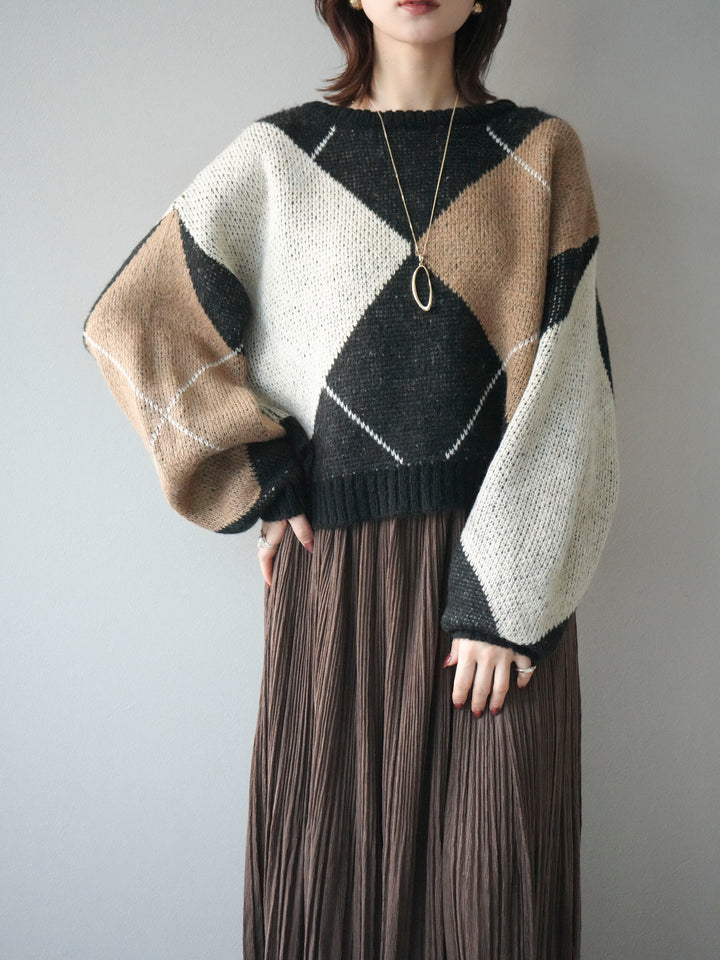 [SET]配色ステッチアーガイル柄ニットプルオーバー+選べるアクセセット(2set)