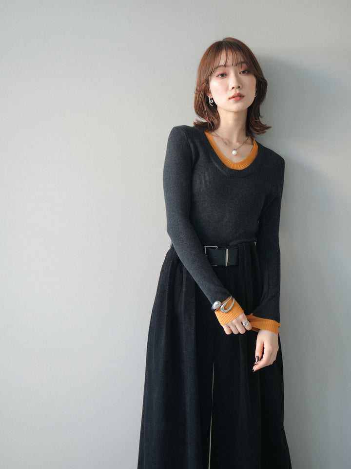 [SET]Uネック配色レイヤードリブニットトップス+選べるアクセセット(2set)