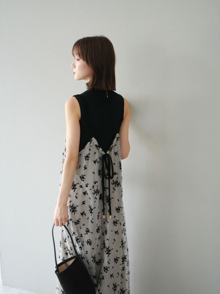 [SET]フロッキーチュールレイヤードベロアキャミワンピース+プチネックセンターシームノースリーニットトップス(2set)