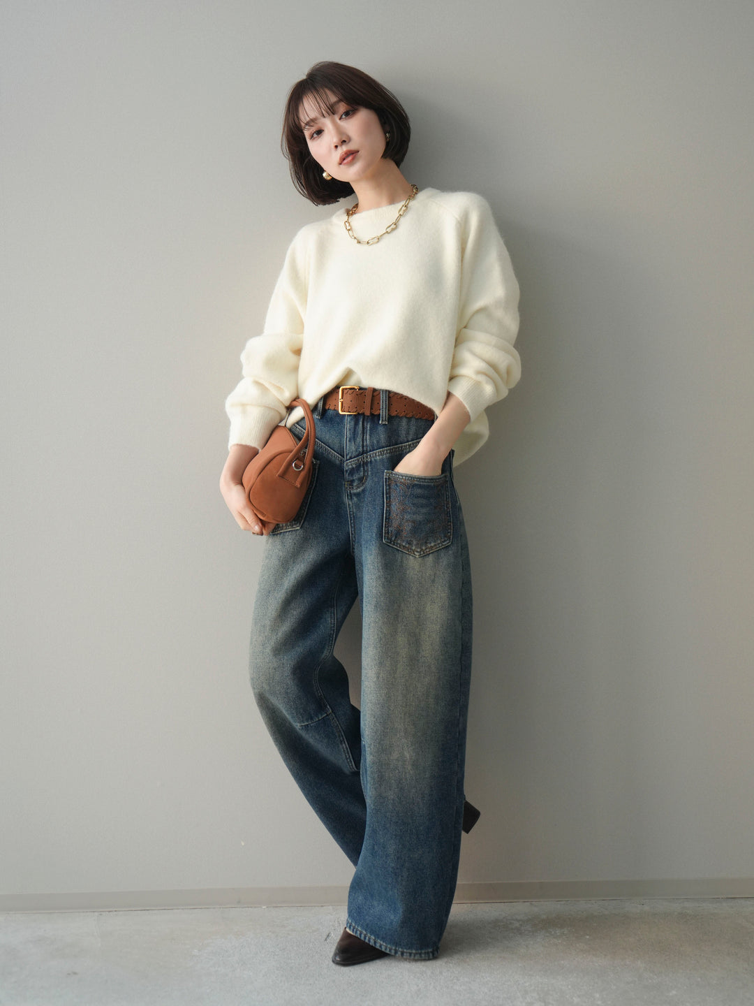 [予約]クルーネックモチモチニットプルオーバー/white