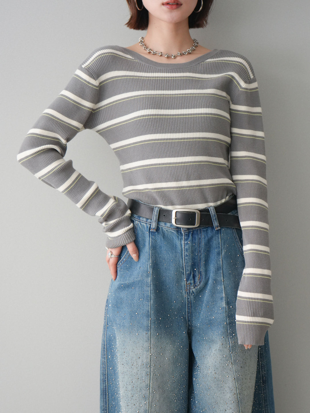 [予約]バックオープンテレコリブマルチボーダートップス/gray