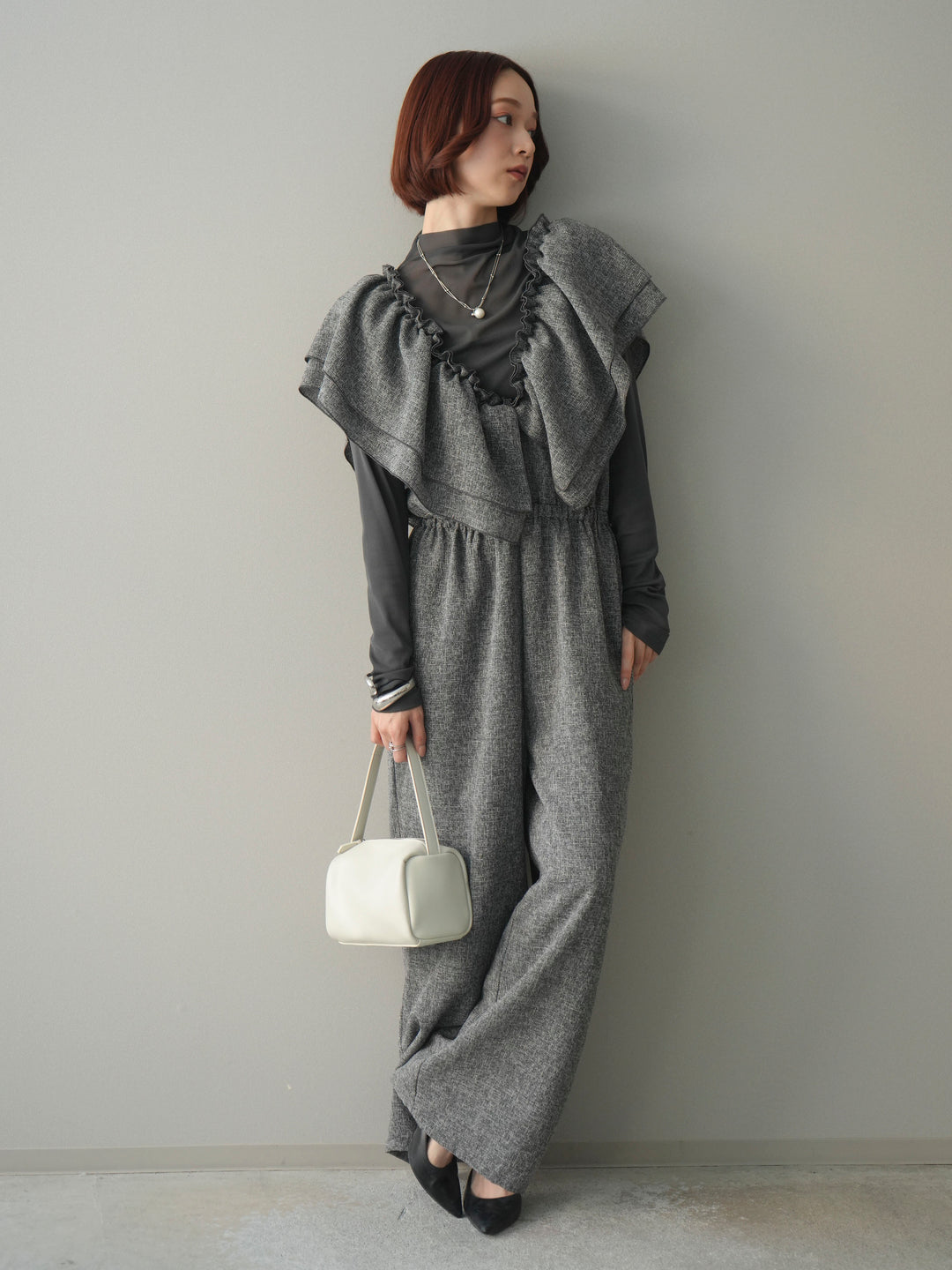 [SET]3WAYミックスツイードギャザーオールインワン+シアープチネックストレッチトップス(2set)