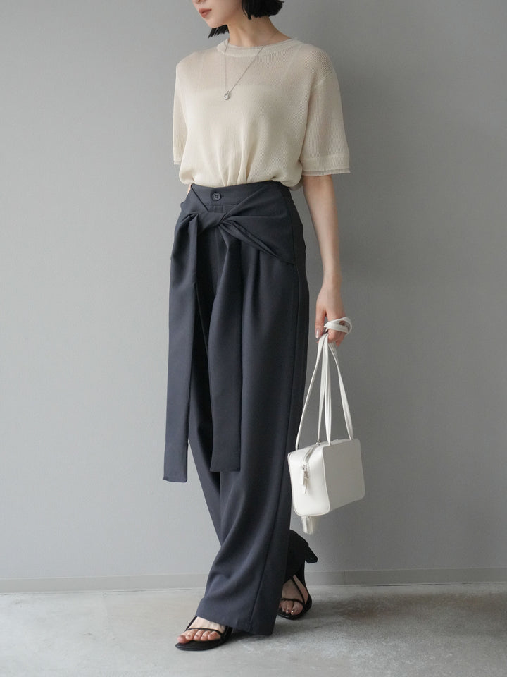 [SET]リネンタッチ配色二重臼ハーフニットトップス+ウエスト巻きデザインワイドパンツ(2set)
