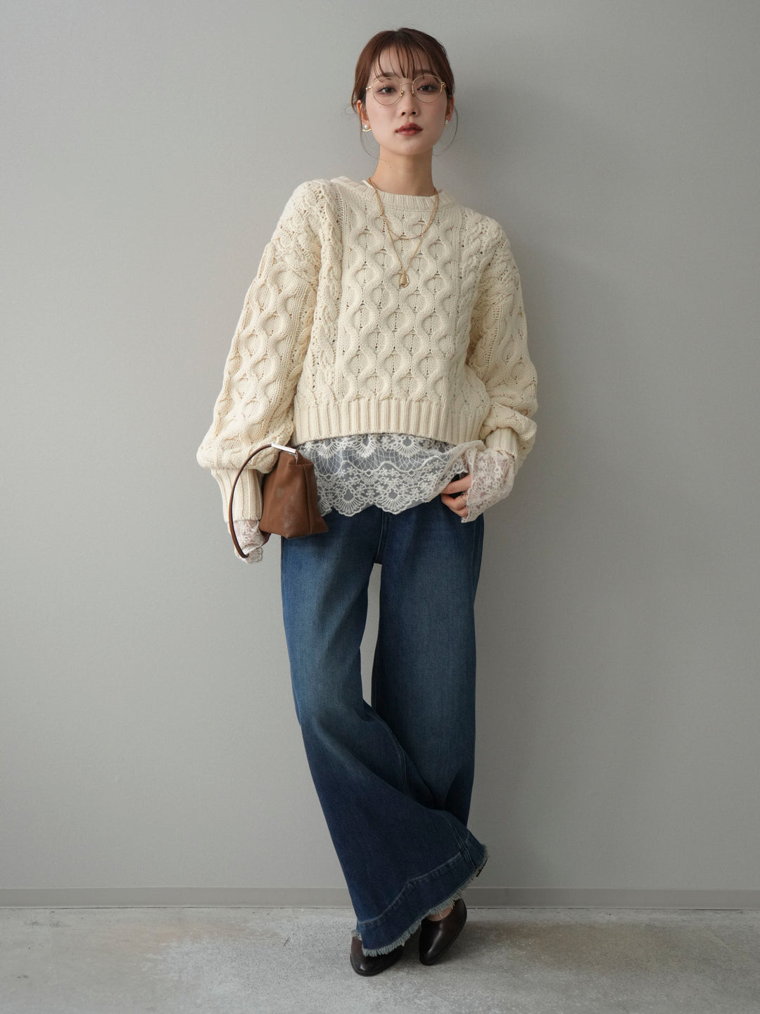 【着回しセット】[SET]バルキーケーブルクロップドニットプルオーバー+アンゴラタッチクルーネックニットプルオーバー+チュールレーストップス(3set)