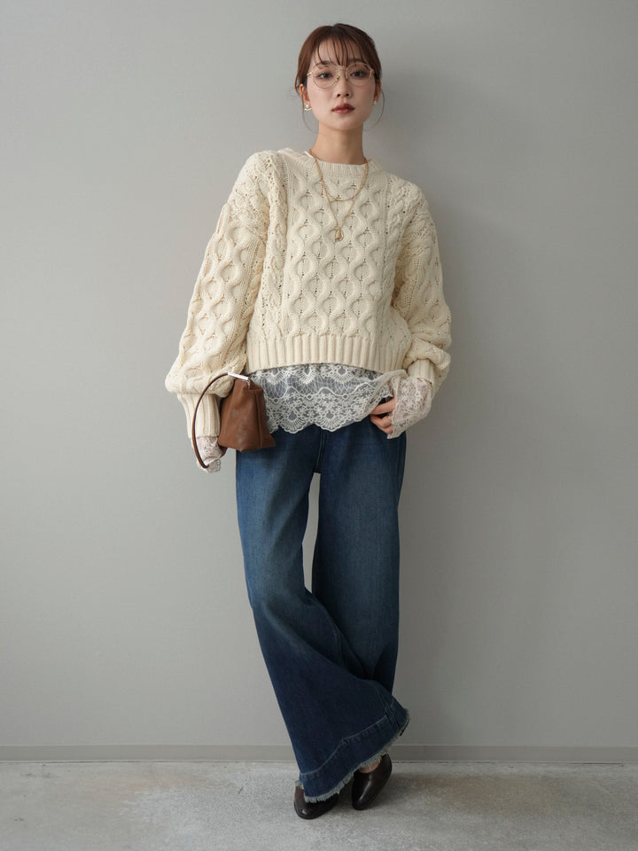 【着回しセット】[SET]バルキーケーブルクロップドニットプルオーバー+アンゴラタッチクルーネックニットプルオーバー+チュールレーストップス(3set)