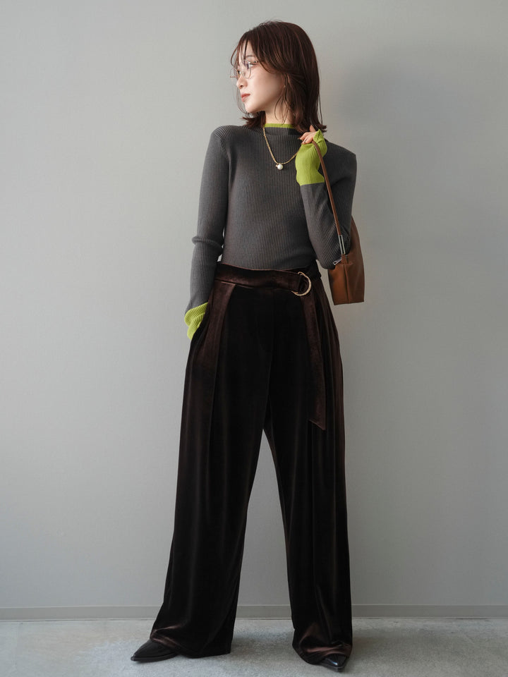 [予約]袖ボタンハイネック配色リブニットトップス/charcoal