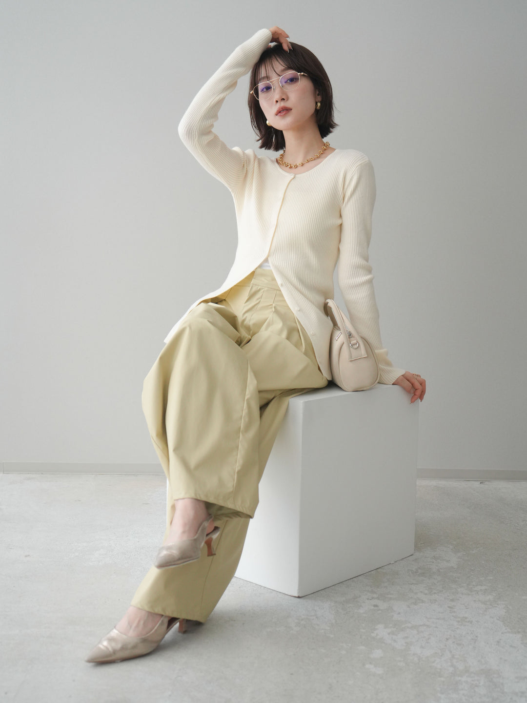 [予約]前後2WAYリブ編みクルーネックカーディガン/ivory