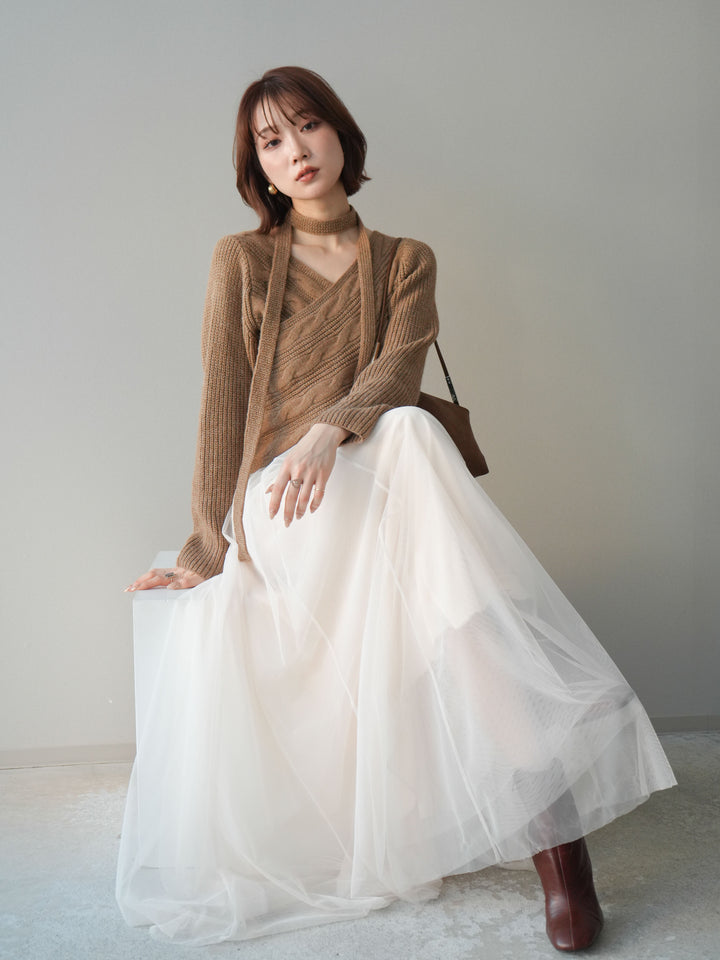 [予約]ケーブル編みクロスニットトップス/camel