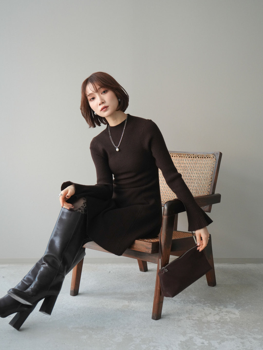 [予約]フレアリブニットミニワンピース/brown