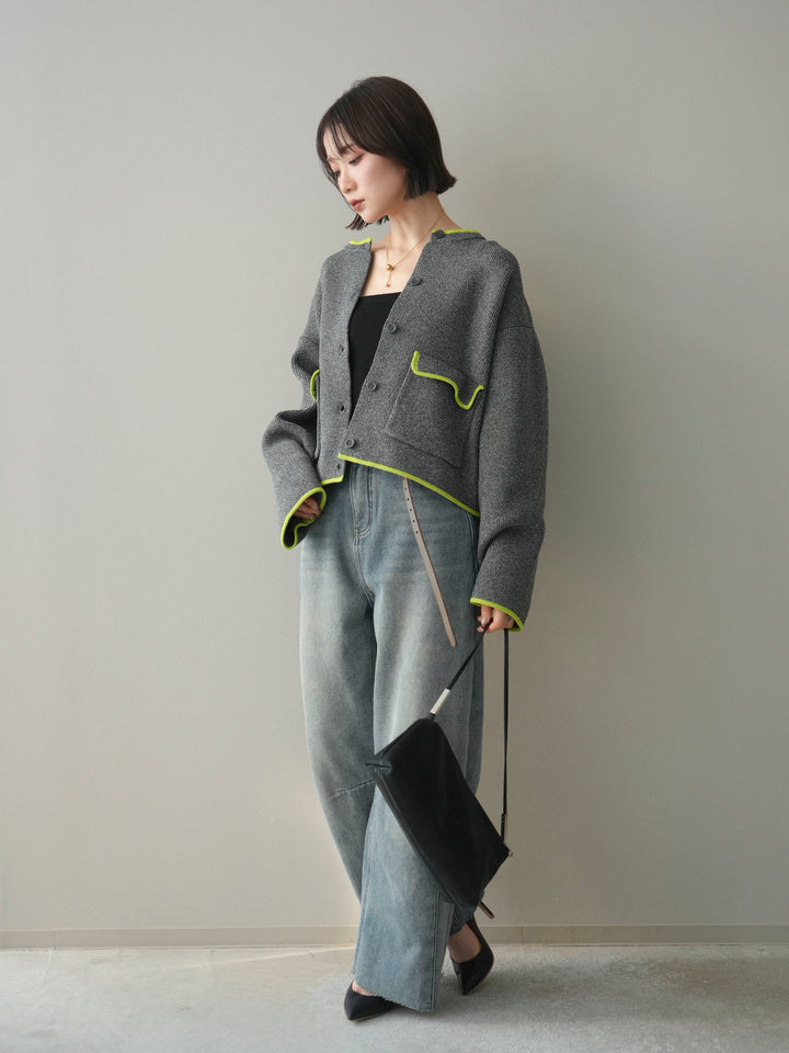 [SET]ポリエステル配色ニットカーディガン+裏起毛カットオフカーブデニムパンツ(2set)