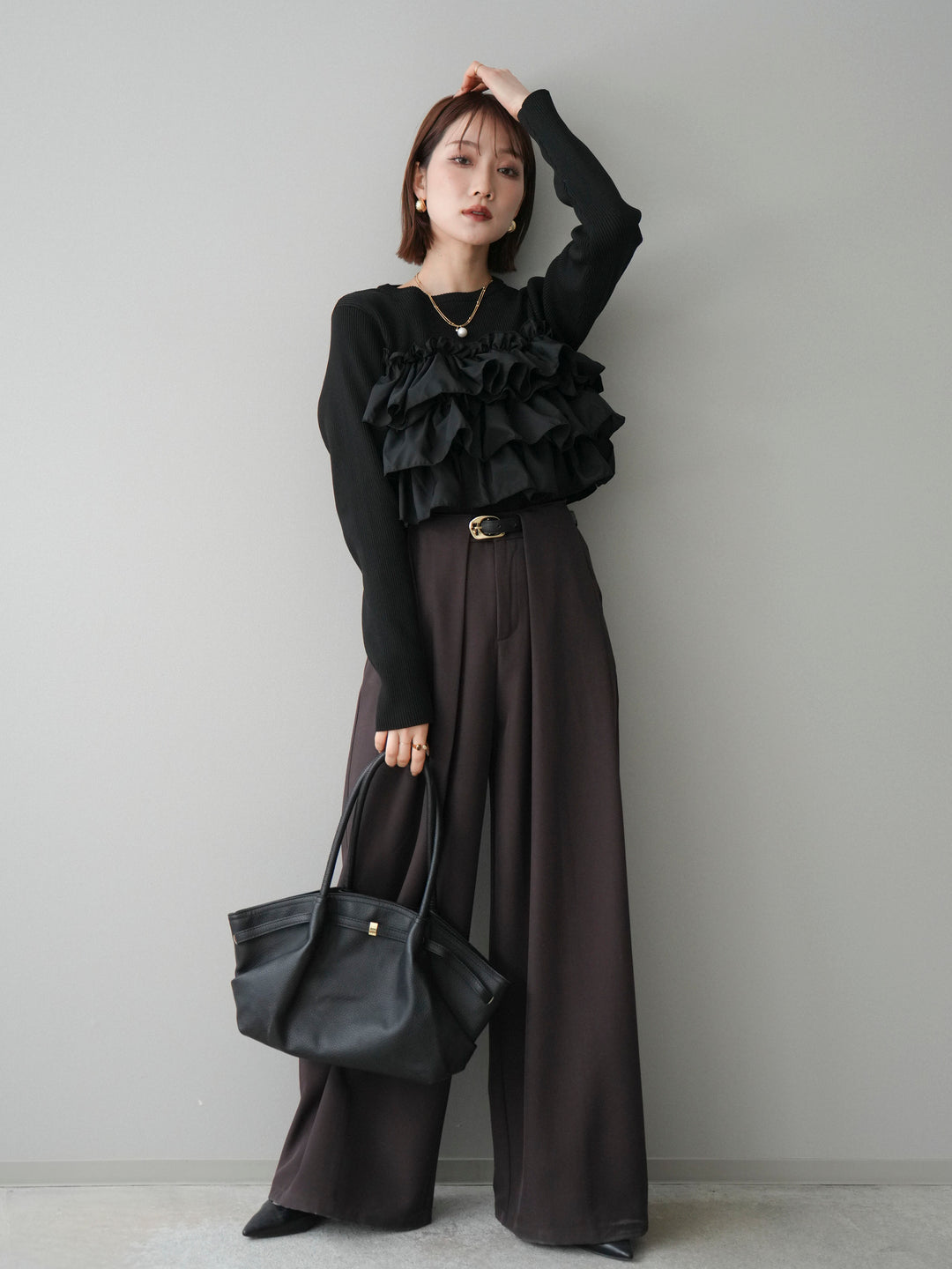 [SET]フリルビスチェドッキングスポンジニットプルオーバー+ベルトループデザインワイドパンツ(2set)