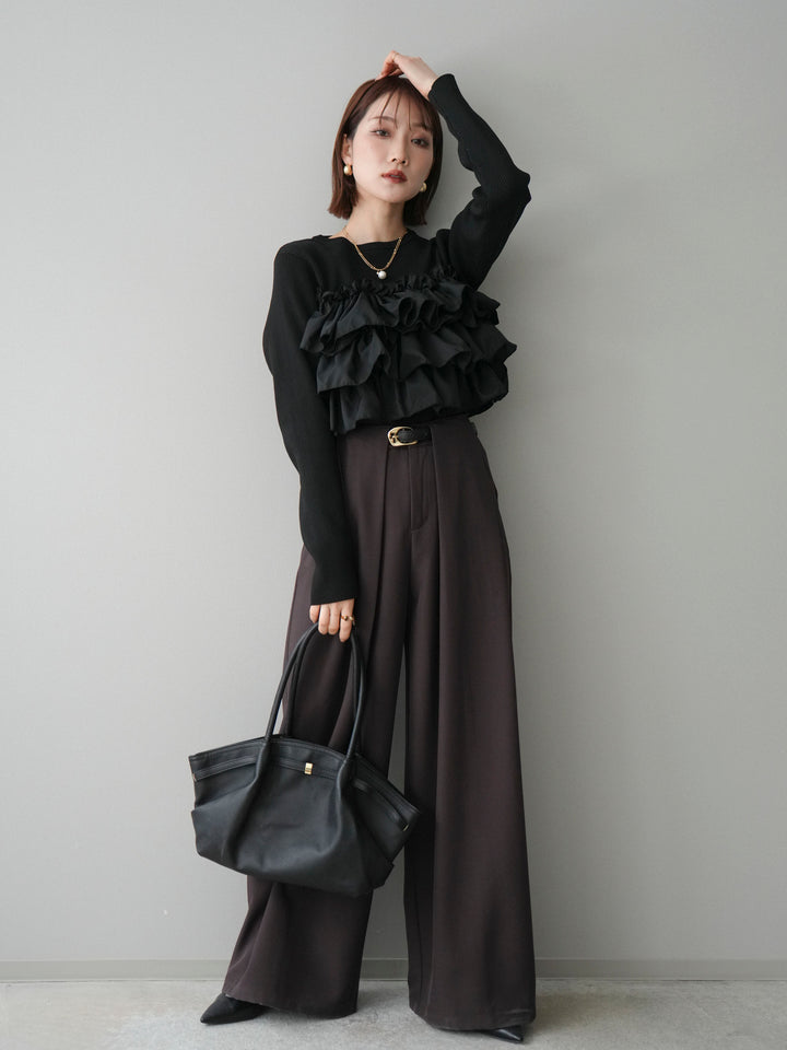 [SET]フリルビスチェドッキングスポンジニットプルオーバー+ベルトループデザインワイドパンツ(2set)