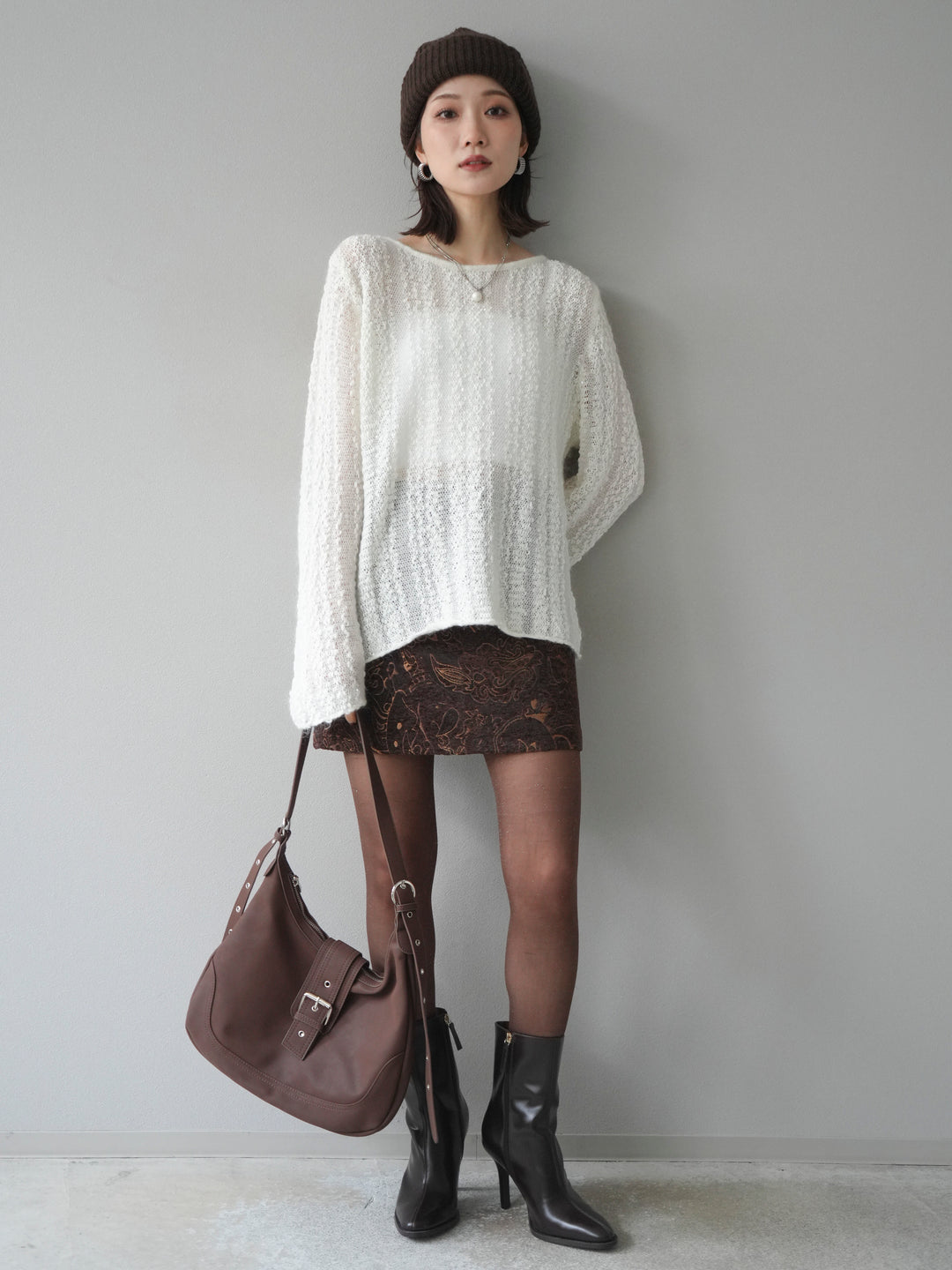 [予約]スパンコール異素材ストライプニットプルオーバー/white