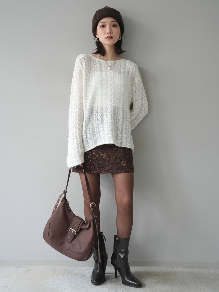 [予約]スパンコール異素材ストライプニットプルオーバー/white