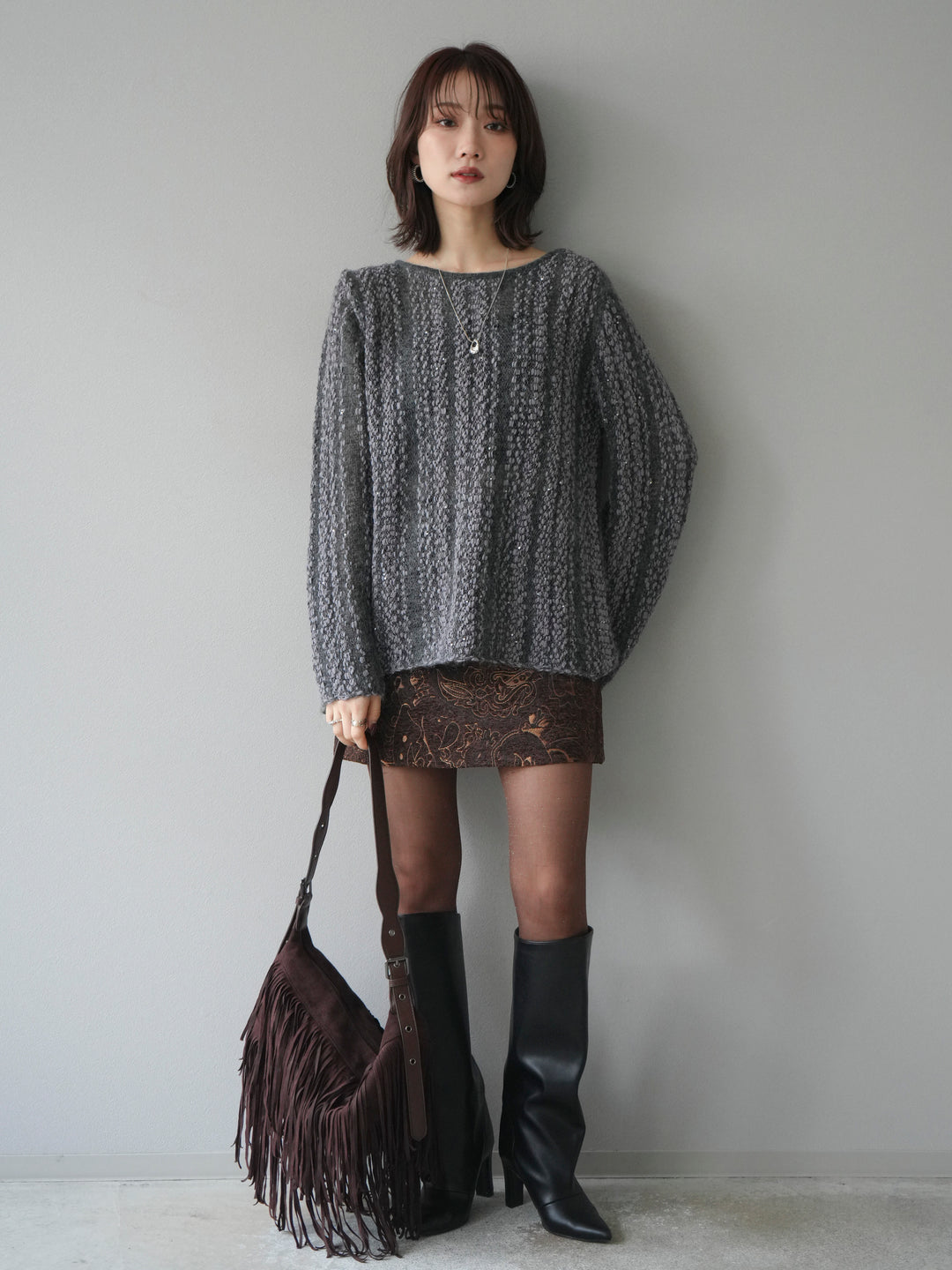 [予約]スパンコール異素材ストライプニットプルオーバー/gray