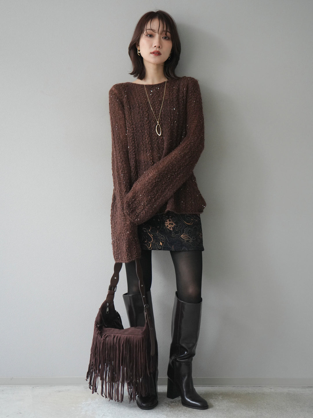 [予約]スパンコール異素材ストライプニットプルオーバー/brown