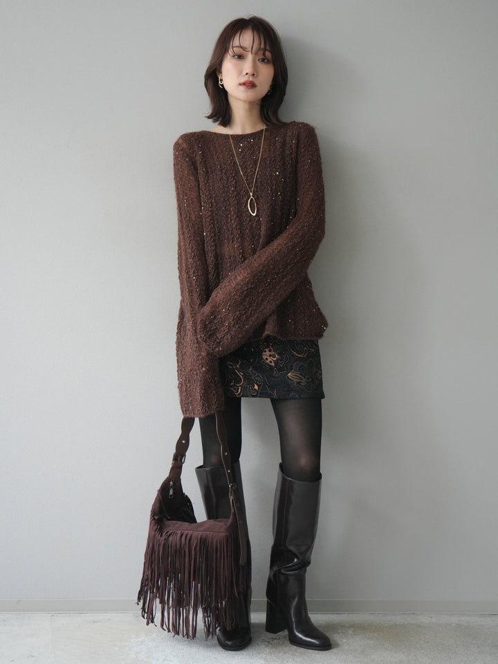 [予約]スパンコール異素材ストライプニットプルオーバー/brown