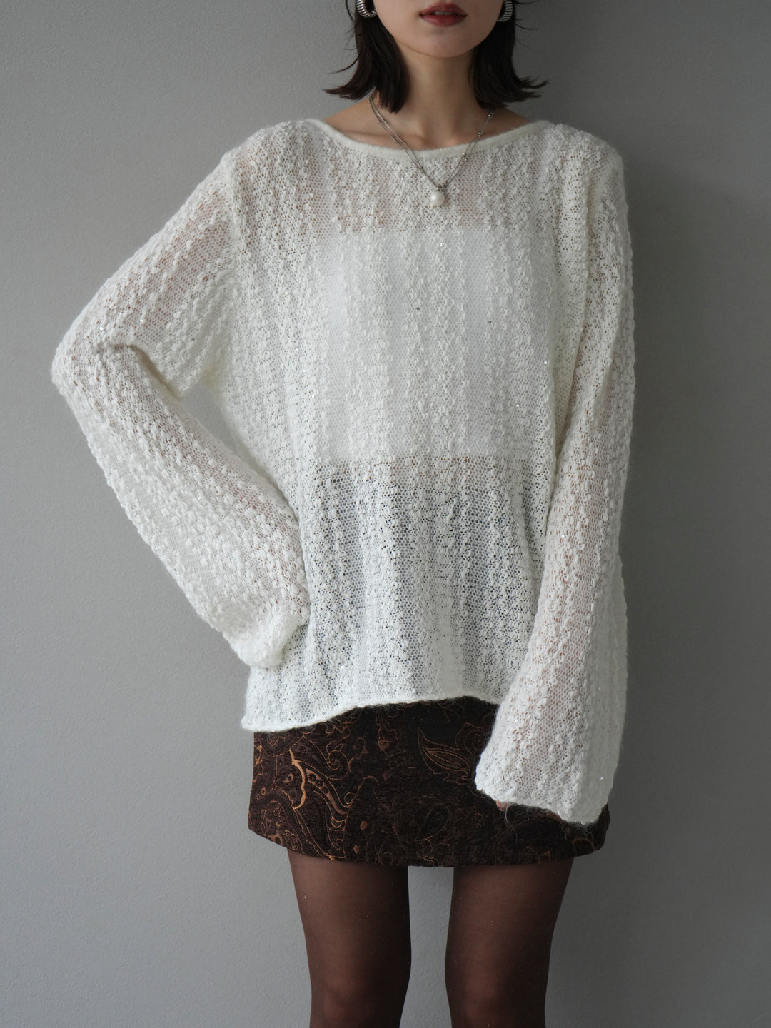 [予約]スパンコール異素材ストライプニットプルオーバー/white