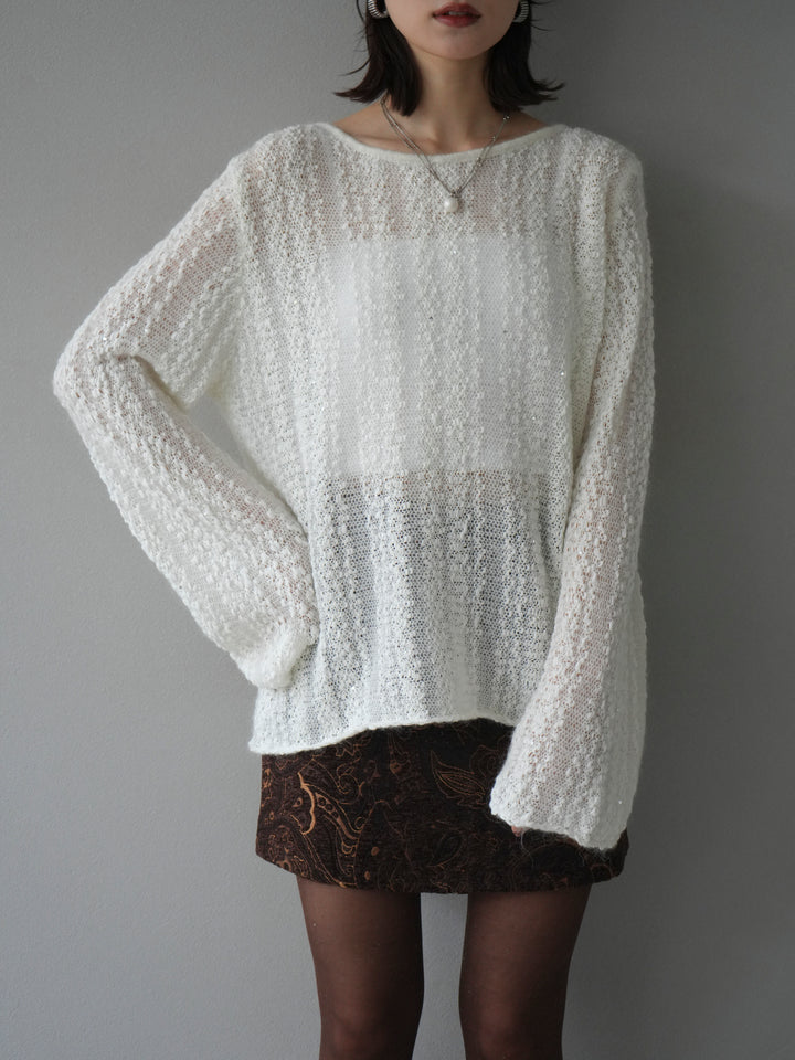 [予約]スパンコール異素材ストライプニットプルオーバー/white