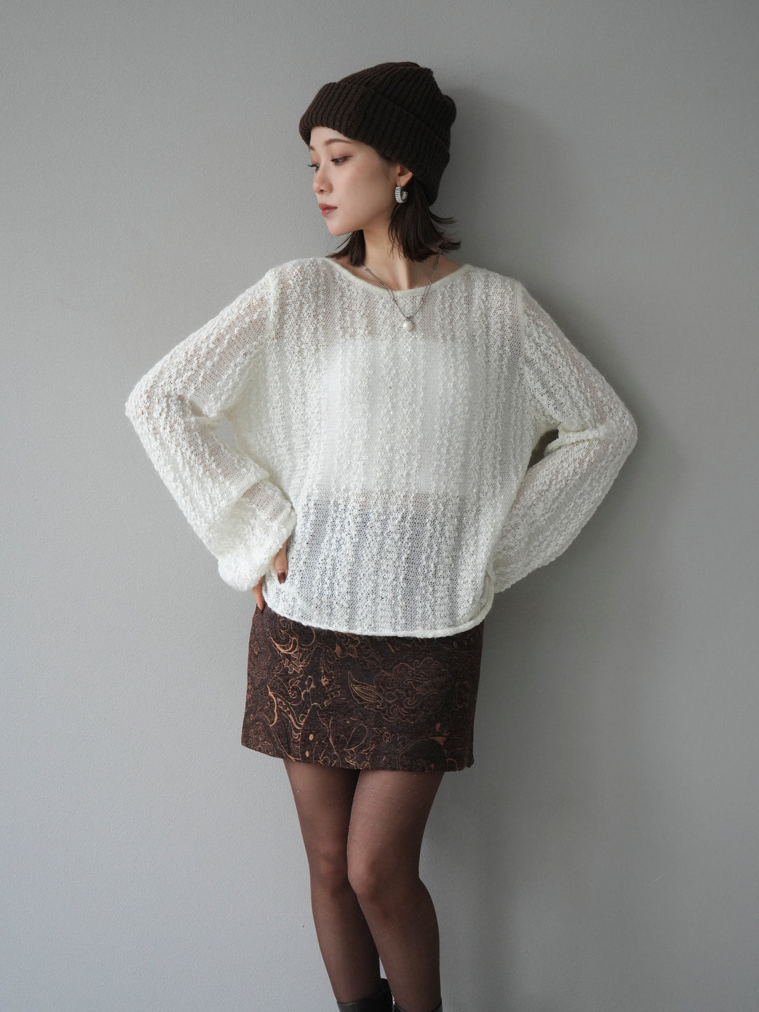 [予約]スパンコール異素材ストライプニットプルオーバー/white