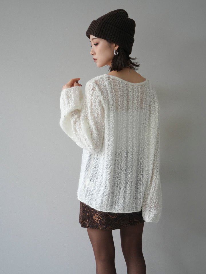 [予約]スパンコール異素材ストライプニットプルオーバー/white