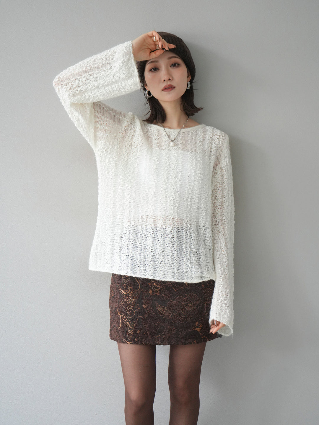 [予約]スパンコール異素材ストライプニットプルオーバー/white