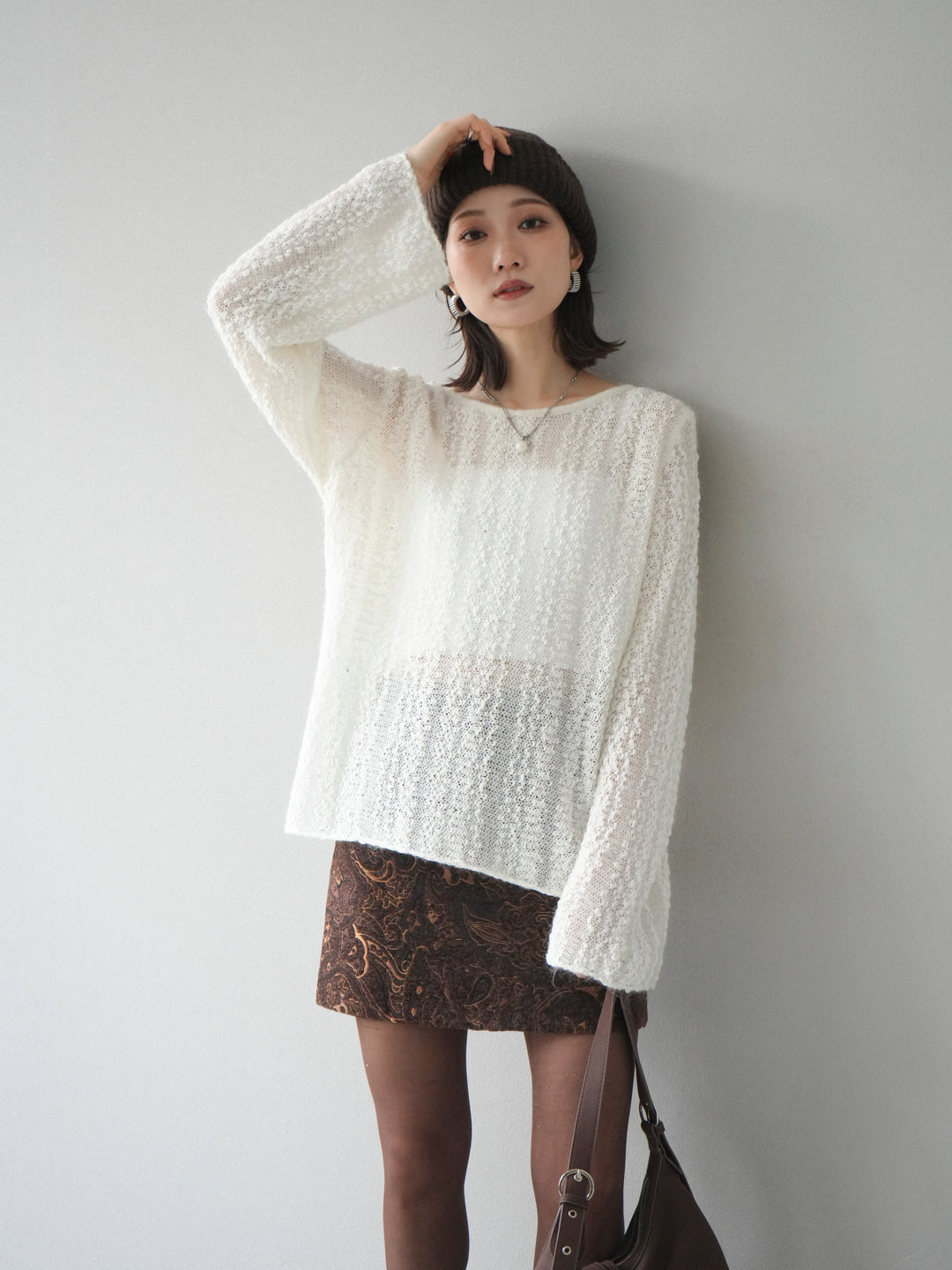 [予約]スパンコール異素材ストライプニットプルオーバー/white