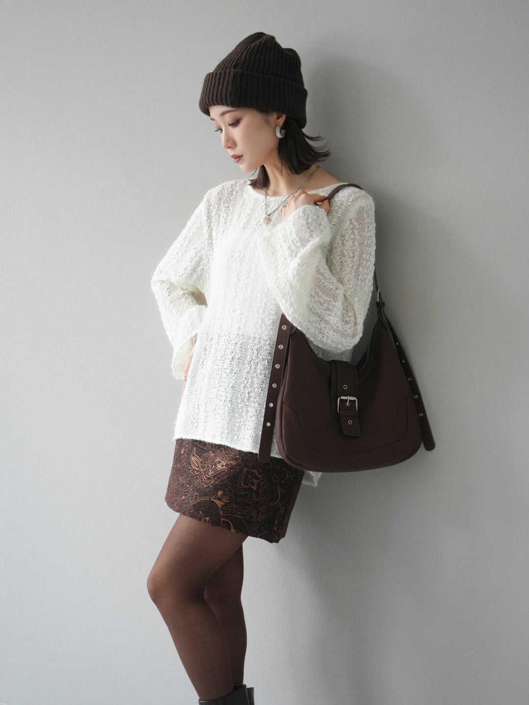 [予約]スパンコール異素材ストライプニットプルオーバー/white