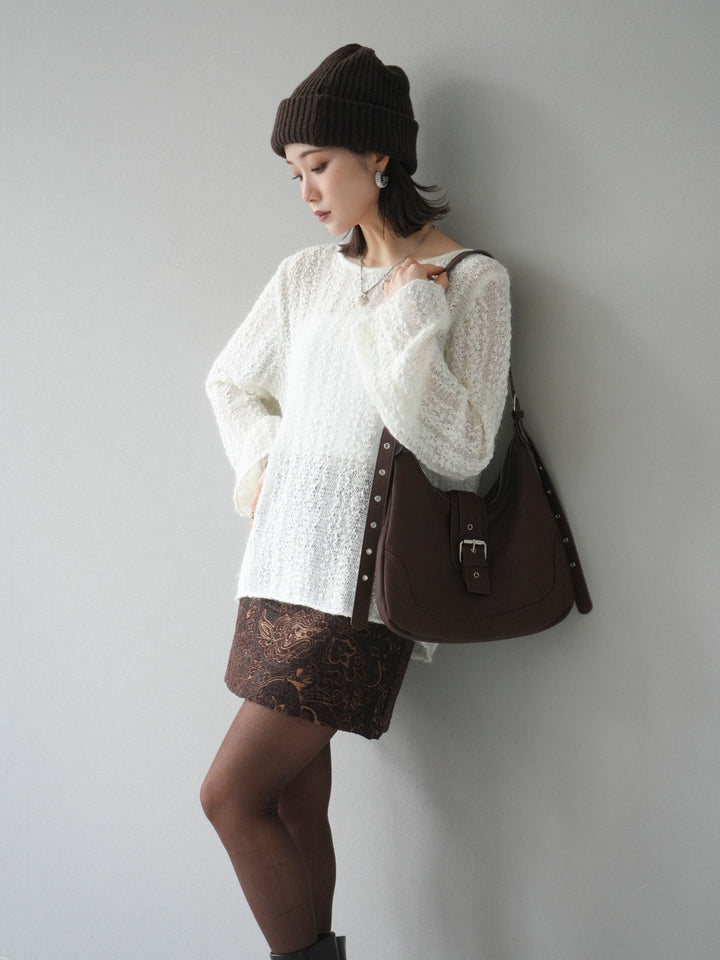 [予約]スパンコール異素材ストライプニットプルオーバー/white