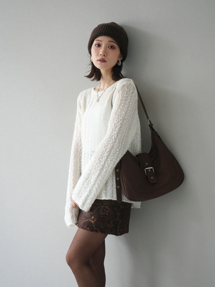 [予約]スパンコール異素材ストライプニットプルオーバー/white