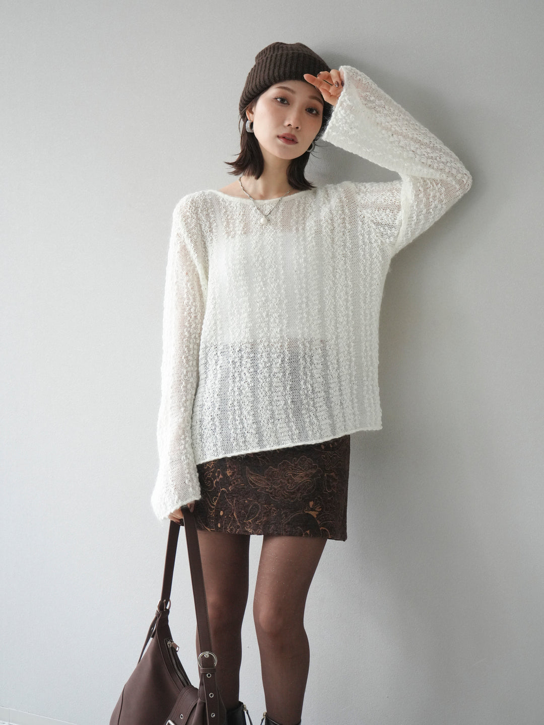 [予約]スパンコール異素材ストライプニットプルオーバー/white