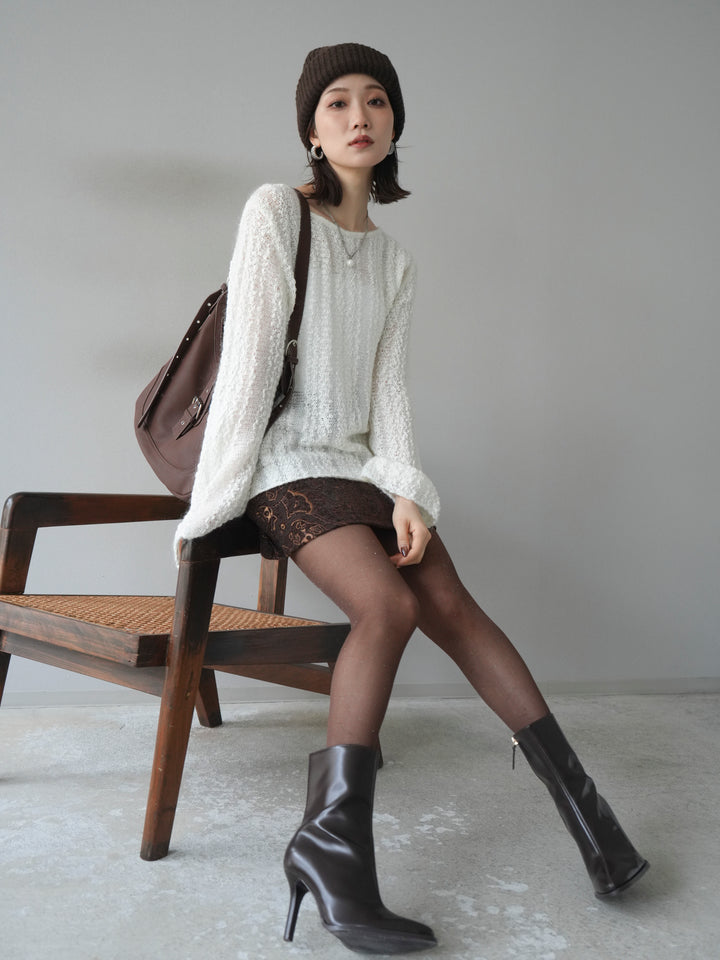 [予約]スパンコール異素材ストライプニットプルオーバー/white