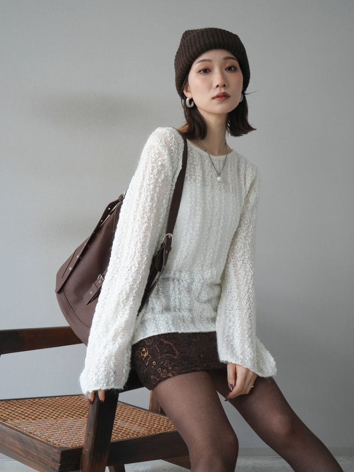 [予約]スパンコール異素材ストライプニットプルオーバー/white