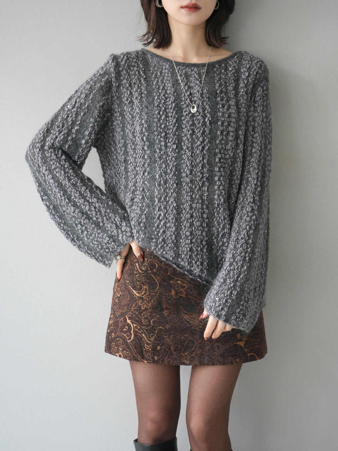 [予約]スパンコール異素材ストライプニットプルオーバー/gray