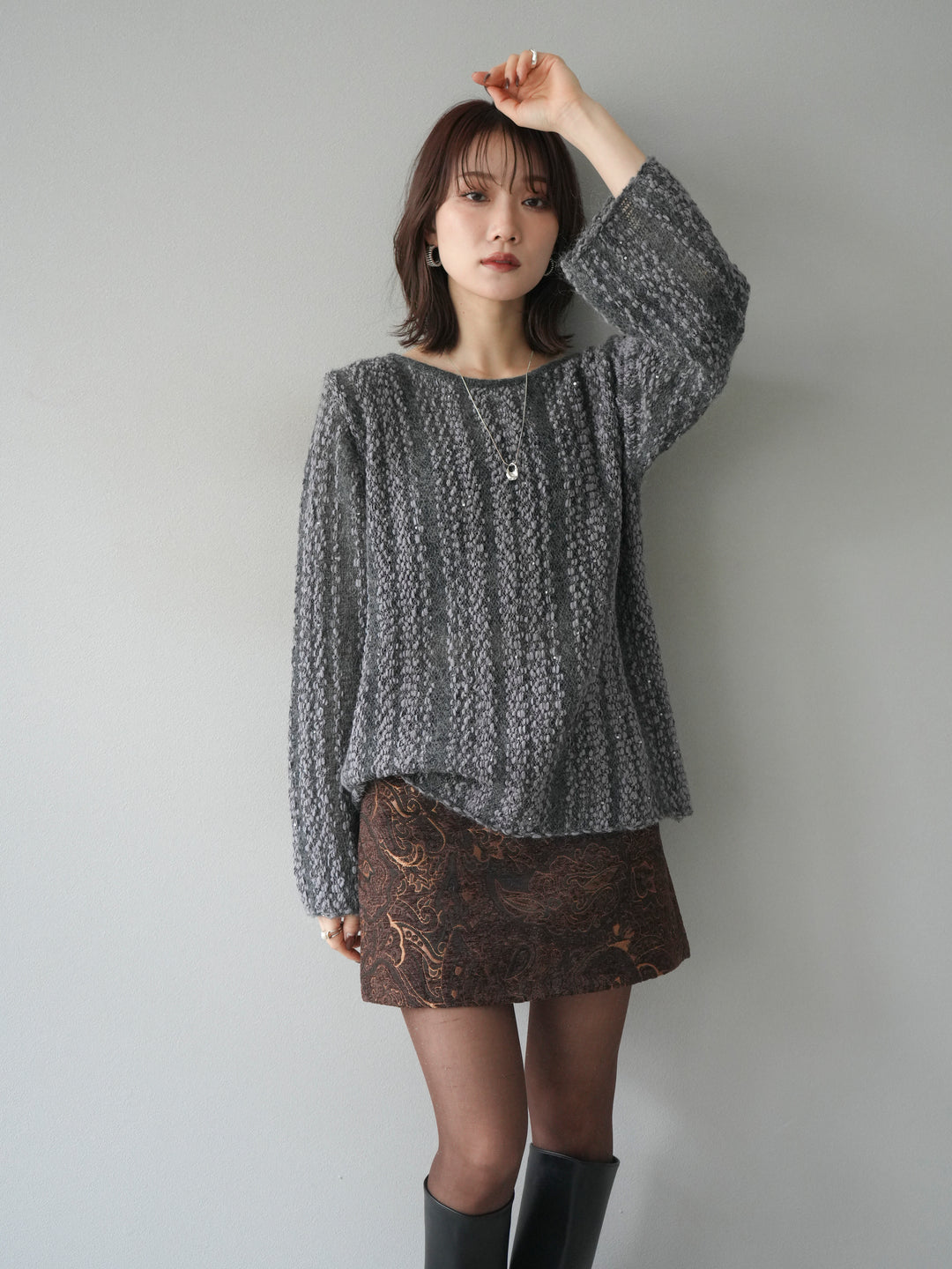 [予約]スパンコール異素材ストライプニットプルオーバー/gray