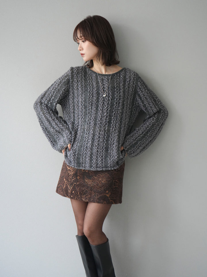 [予約]スパンコール異素材ストライプニットプルオーバー/gray