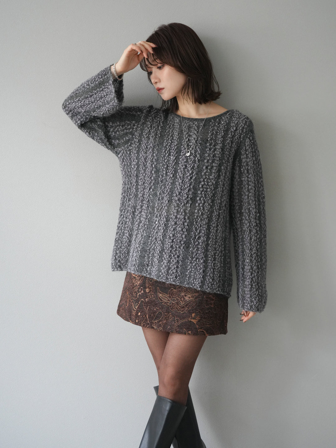 [予約]スパンコール異素材ストライプニットプルオーバー/gray