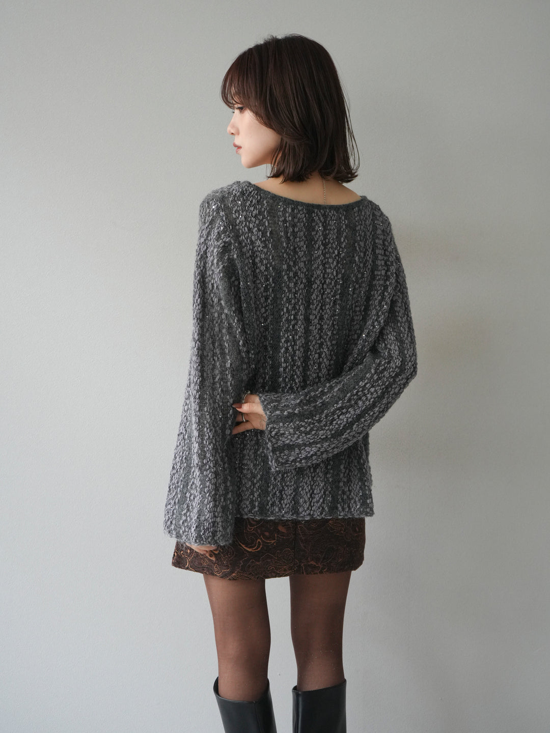 [予約]スパンコール異素材ストライプニットプルオーバー/gray