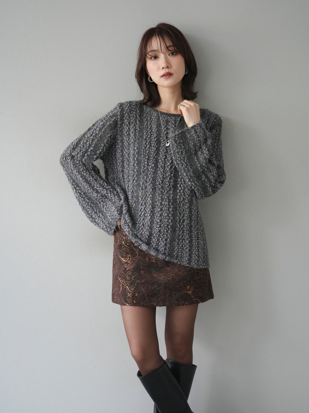 [予約]スパンコール異素材ストライプニットプルオーバー/gray