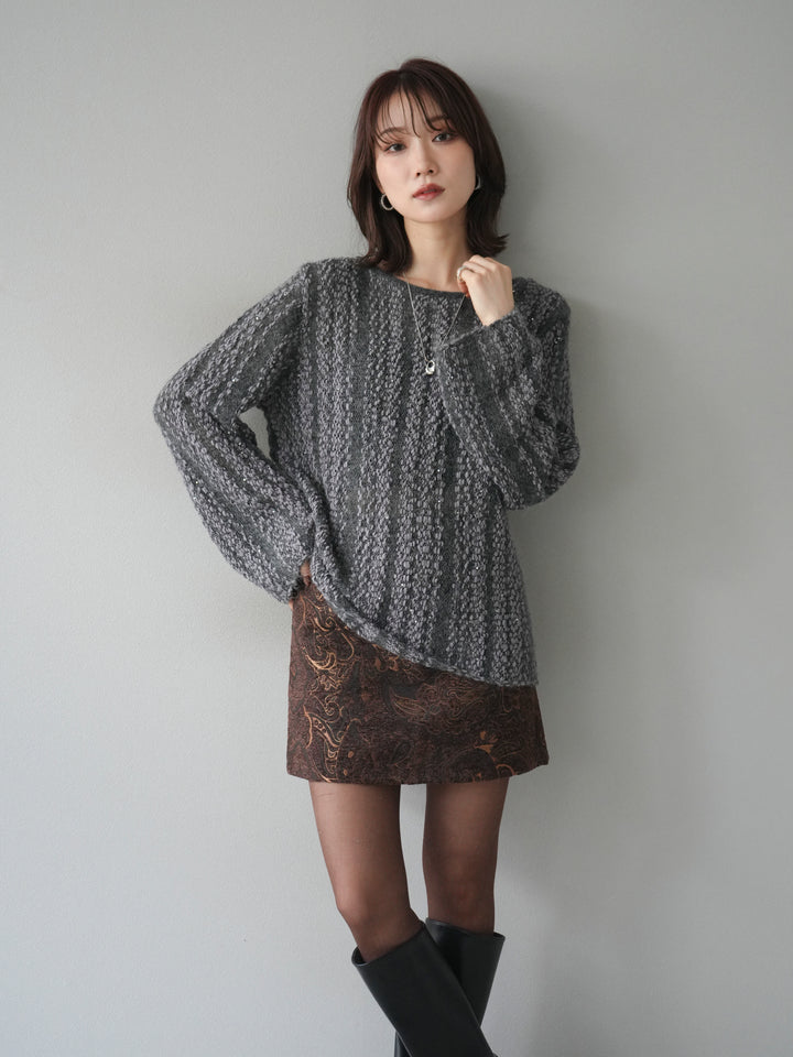 [予約]スパンコール異素材ストライプニットプルオーバー/gray