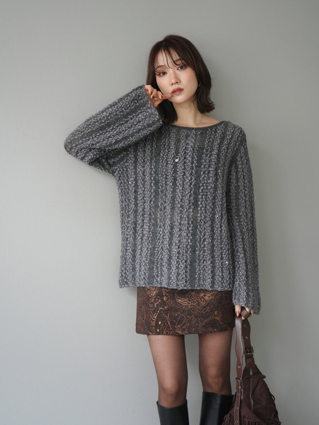 [予約]スパンコール異素材ストライプニットプルオーバー/gray