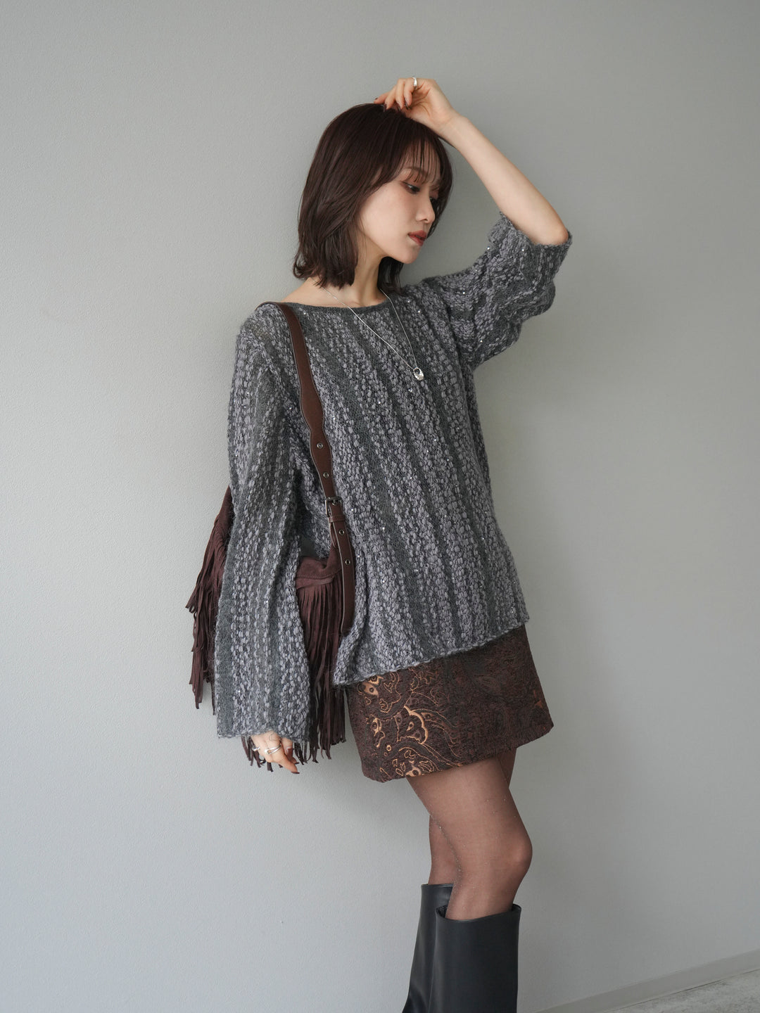 [予約]スパンコール異素材ストライプニットプルオーバー/gray