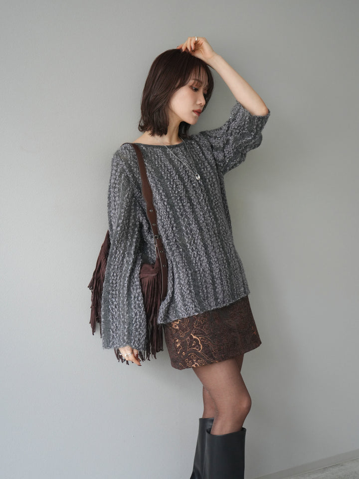 [予約]スパンコール異素材ストライプニットプルオーバー/gray