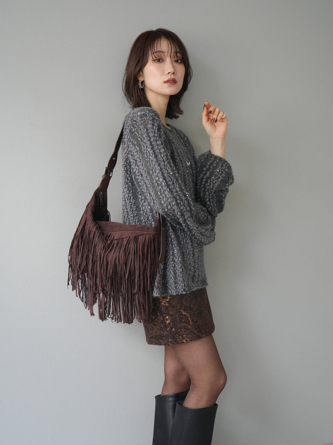 [予約]スパンコール異素材ストライプニットプルオーバー/gray