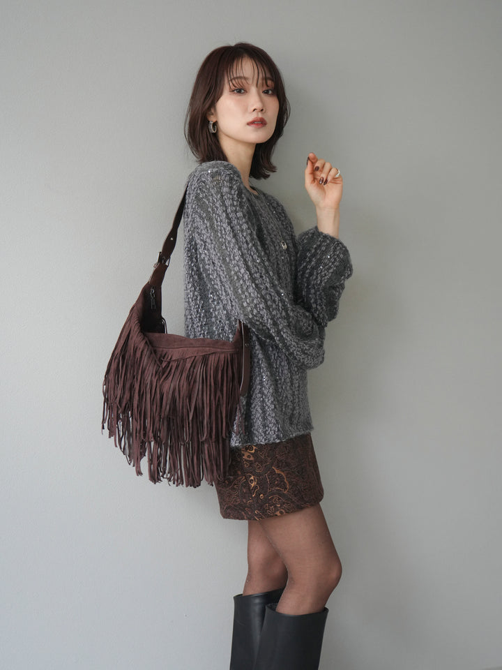 [予約]スパンコール異素材ストライプニットプルオーバー/gray