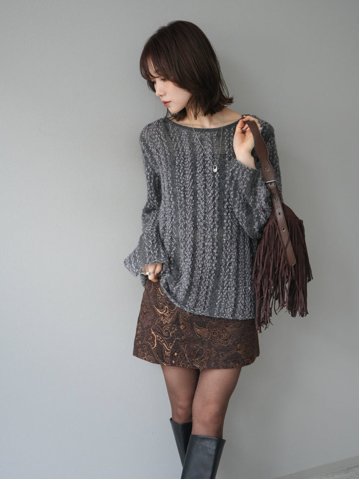 [予約]スパンコール異素材ストライプニットプルオーバー/gray