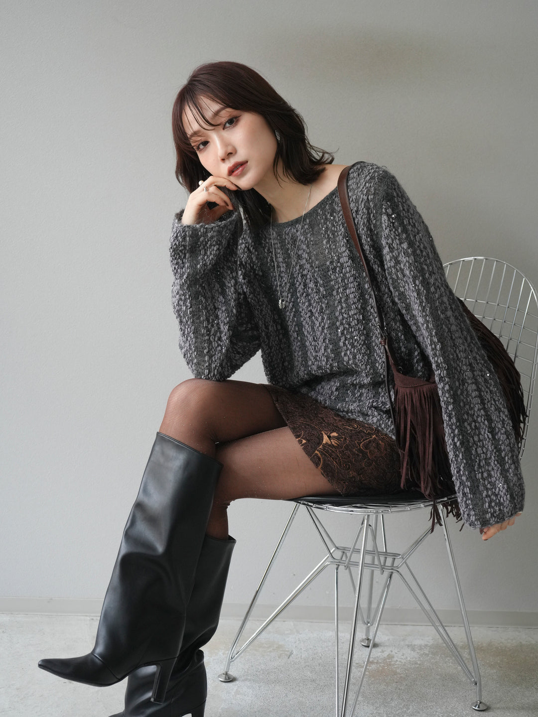 [予約]スパンコール異素材ストライプニットプルオーバー/gray