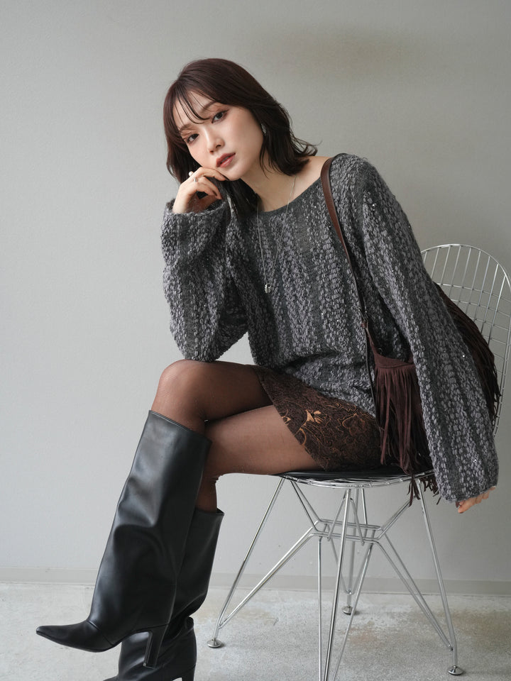 [予約]スパンコール異素材ストライプニットプルオーバー/gray