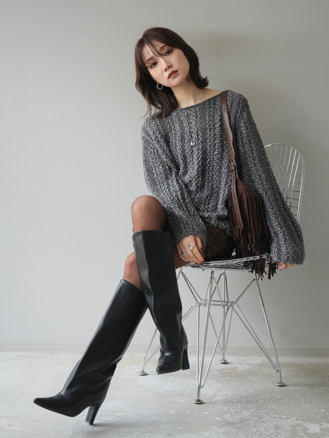 [予約]スパンコール異素材ストライプニットプルオーバー/gray